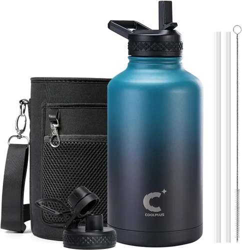 Vista 19 de Coolplus - Botella de agua de 32 onzas aislada, termo de agua de acero inoxidable con popote de metal de doble pared al vacío con funda de Negro