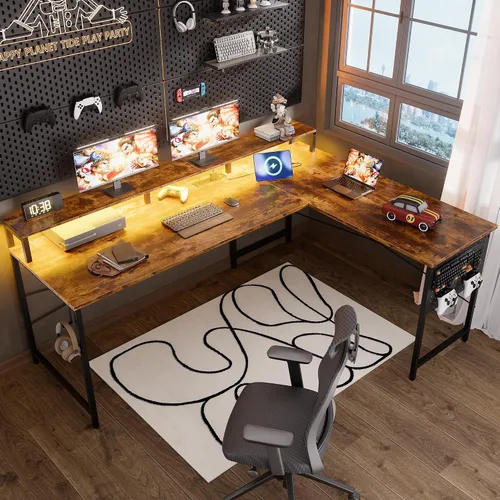 Vista 6 de Pamray Escritorio para juegos en forma de L de 64 pulgadas con tomas de corriente y luces LED, escritorio de esquina grande para computadora