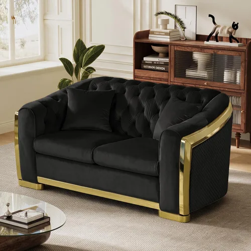 Vista 32 de DAMAIFROM Sofá Chesterfield moderno de mediados de siglo, sofá de terciopelo de 62" blanco y dorado, sofá biplaza curvo de lujo para sala de estar