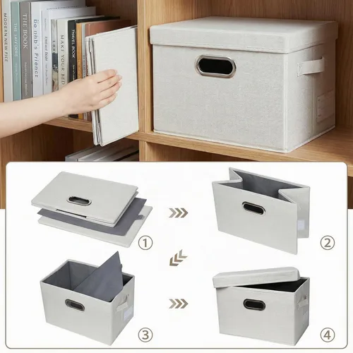 Vista 5 de PRANDOM Contenedores de almacenamiento con tapas [paquete de 3] cajas de almacenamiento plegables de tela de lino, canastas organizadoras, cubos