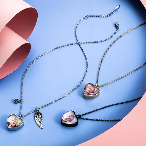 Vista 3 de MeMeDIY Collar personalizado con colgante de ala de ángel para urna de corazón grabado fotonombre para hombres y mujeres con piedra de nacimiento