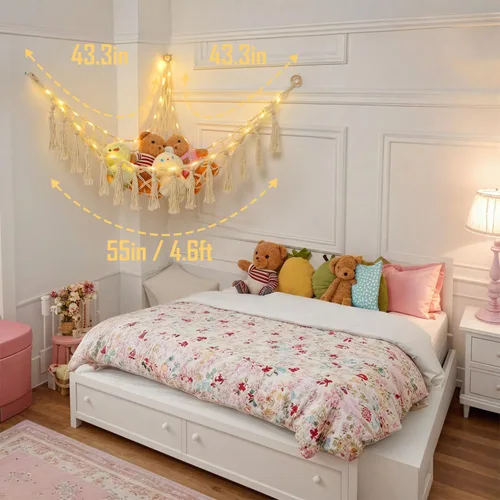Vista 4 de Hamaca de animales de peluche con 75 LED, hamaca de macramé de almacenamiento de juguetes extragrande de 55 pulgadas, red de juguetes colgante