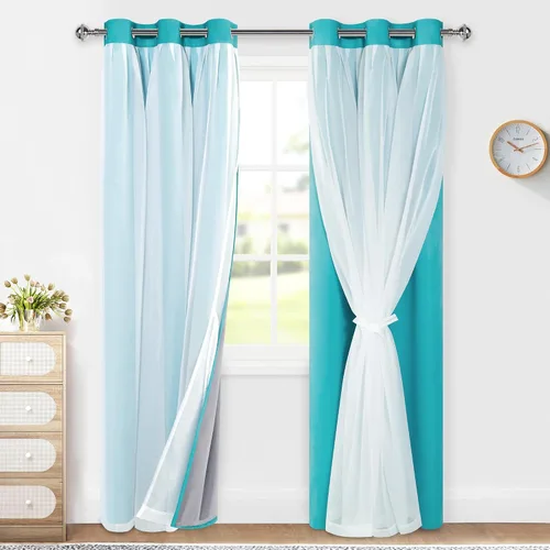 Vista 9 de XWZO Cortinas 100% opacas de doble capa para guardería, cortinas opacas con superposición transparente para dormitorio de niñas, cortinas