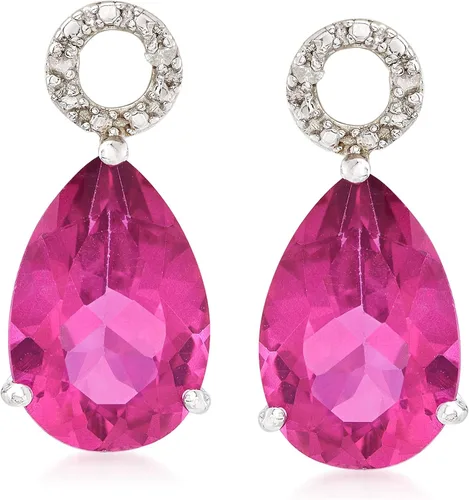 Vista 3 de Ross-Simons Pendientes de aro de topacio rosa de 6,50 quilates con detalles de diamante en plata de ley, 1.0in