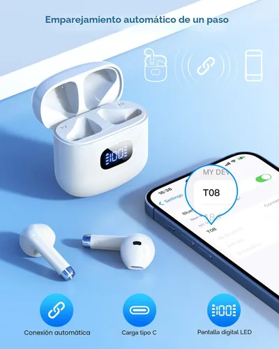 Vista 2 de KTGEE Auriculares Inalámbricos Bluetooth 5.3, Auriculares Estéreo de 40 Horas de Reproducción con Estuche de Carga con Pantalla LED, Auriculares
