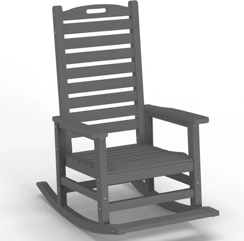 Vista 13 de PLUUV Silla mecedora de exterior con reposapiés extraíble para adultos, sillas mecedoras de patio de respaldo alto HDPE, sillas mecedoras de porche