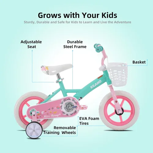 Vista 2 de KEANO Voyager 10 12 Inch Kids Bike for Boys and Girls Ages 1-4 Years, Toddler Bike with Training Wheels & Basket, Detachable Parent Push Handle