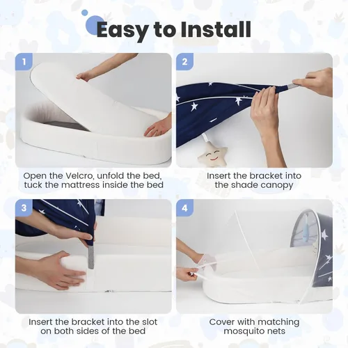 Vista 9 de Cuna portátil para bebé, moisés de viaje para recién nacidos y bebés, adecuado para transporte en interiores y exteriores, ligero, plegable
