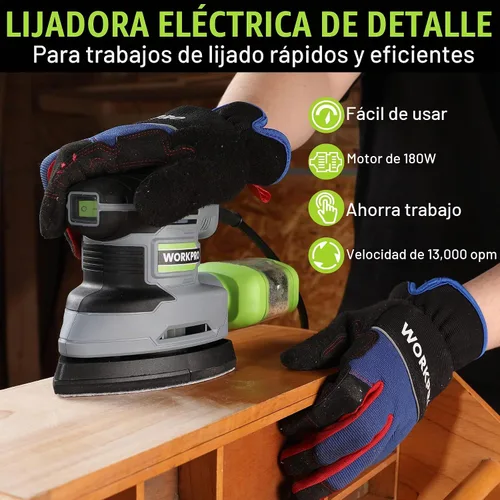 Vista 2 de WORKPRO Lijadora de detalles, lijadora eléctrica compacta de 13,000 OPM con colector de polvo, lijadora eléctrica de 1.6 amperios con 15 piezas