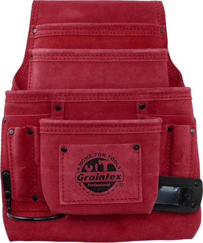 Vista 4 de Graintex Bolsa para clavos y herramientas de 10 bolsillos, bolsa de herramientas de cuero de gamuza, cinturón de herramientas para constructores