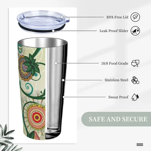 Vista 6 de Evealyn Vaso de acero inoxidable de 20 onzas con estampado floral vintage con tapa y pajita, taza de café reutilizable de viaje para bebidas frías