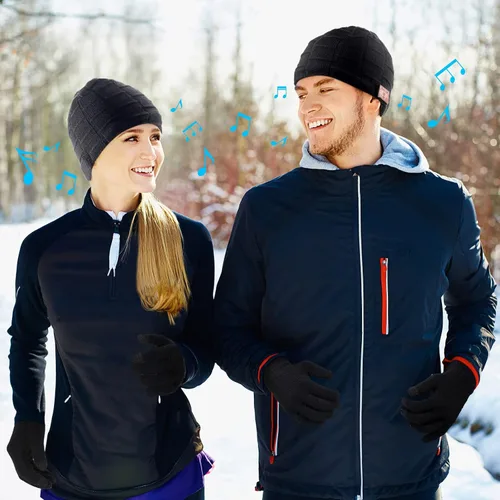 Vista 5 de Honoson El juego de gorros Bluetooth incluye 2 gorros inalámbricos con Bluetooth, guantes para pantalla táctil (negro, clásico)