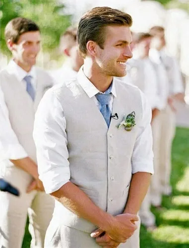 Vista 6 de Trajes de lino para hombre, 2 piezas, traje de esmoquin de graduación, playa, boda, padrino, chaleco y pantalones, conjunto casual de lino de verano