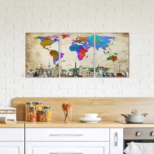 Vista 4 de Arte de pared de mapa del mundo para decoración de oficina, 3 piezas de edificios famosos de la Torre Eiffel, decoración de pared, obras de arte