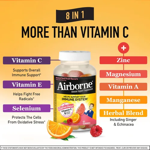 Vista 3 de Airborne 750mg Gomitas de vitamina C para adultos, gomitas de apoyo inmunológico con potentes antioxidantes, vitaminas C y E, sin cafeína - 2x63