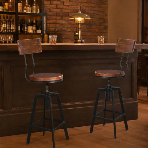 Vista 6 de Taburetes de bar industriales con respaldo de madera de 25 a 32 pulgadas de altura ajustable para isla de cocina, silla de comedor, taburete extra