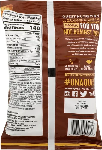 Vista 2 de Quest Nutrition Chips de proteína, barbacoa, 0.78 oz de proteína, 0.11 oz de carbohidratos netos, 130 cals, bolsa de 1.1 onzas, 1 unidad, alto