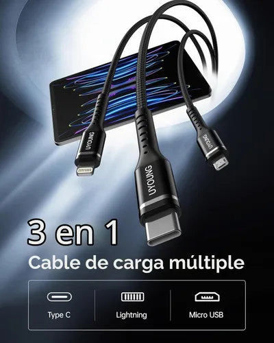 Vista 2 de Cable de carga múltiple corto de 1 pie, paquete de 2 cables de carga 3 en 1, cables universales trenzados para teléfono con conectores