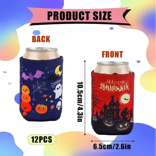 Vista 2 de 12 fundas para latas de Halloween, de 12 onzas, fundas para enfriadores de latas de Halloween, casas encantadas, fantasma, gato negro, calabaza