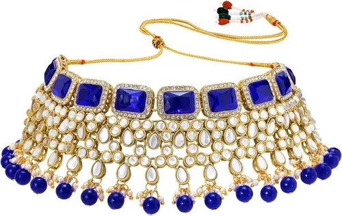 Vista 7 de Aheli Juego de collar largo Kundan chapado en oro para mujer