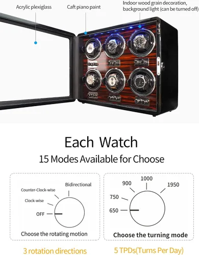 Vista 3 de Oryx - 6 bobinadoras de reloj para relojes automáticos, caja de reloj giratoria de madera, 15 modos de rotación, vitrina con luz LED, motor Mabuchi