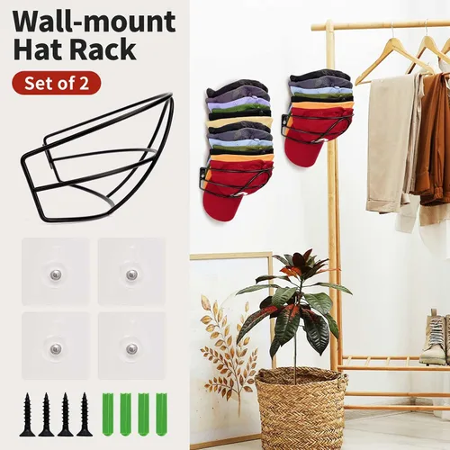 Vista 2 de Livelab Soporte de pared para sombreros, [paquete de 2] organizador de sombreros de metal para gorras de béisbol, soporte para gorras de Negro