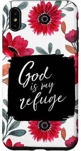 Vista 11 de God is My Refuge - Carcasa para iPhone 16, diseño de flores rojas con versículo bíblico del Salmo 91