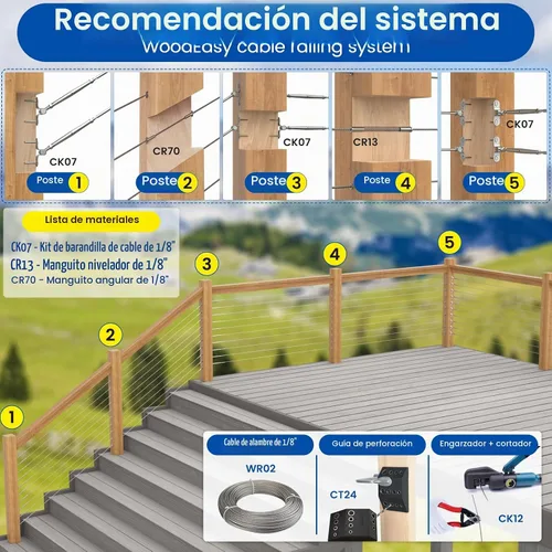 Vista 5 de Muzata Kit de herrajes para barandillas de cable de 1/8 pulgadas, tensor de palanca para poste de madera, acero inoxidable T316, sistema