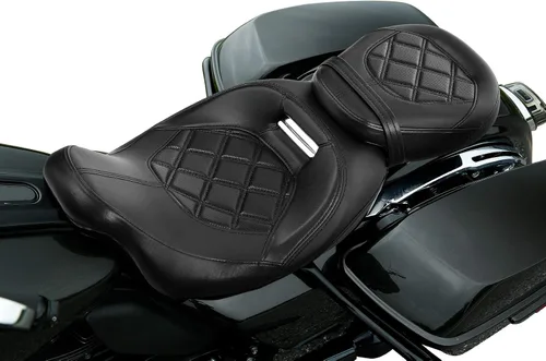 Vista 6 de XFMT Asiento de motocicleta de perfil bajo de dos piezas para 2 personas, asiento para conductor y pasajero para Harley Touring Road King Street