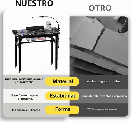 Vista 9 de Mesa de manicura plegable portátil con colector de polvo, escritorio de tecnología de uñas rodante con lámpara LED, reposamuñecas, ruedas