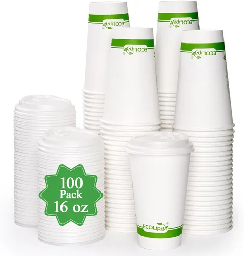 Vista 9 de ECOLipak 200 tazas de café de papel compostables de 8 onzas, tazas de café desechables biodegradables con tapa CPLA, tazas de bebida caliente 8 oz