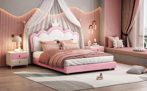Vista 5 de Harper & Bright Designs Base de cama de princesa tapizada de tamaño matrimonial con cabecero de corona para niños, niñas, niños pequeños, cama