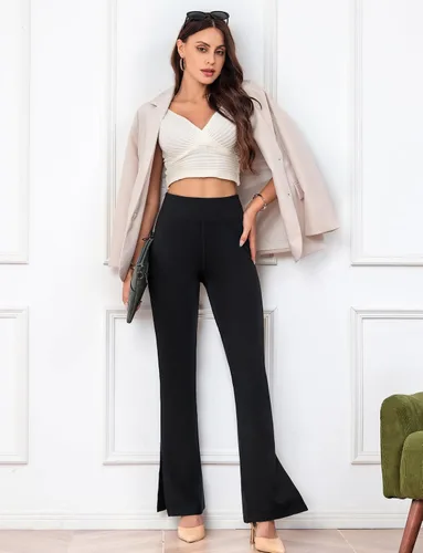 Vista 6 de Houmous Pantalones de trabajo acampanados con cintura alta y dobladillo dividido para mujer, con entrepierna de 31 pulgadas, con bolsillos