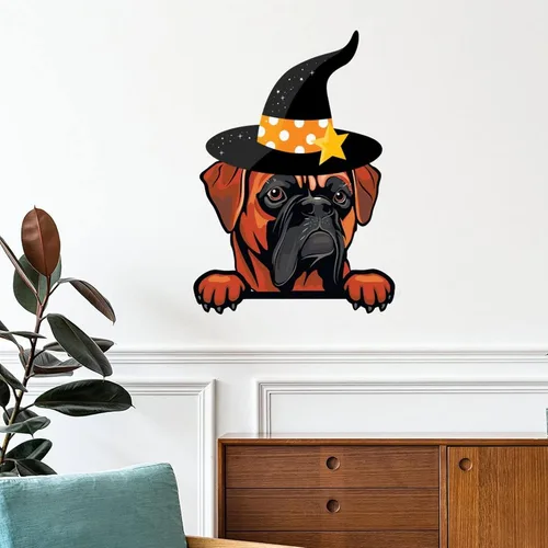 Vista 12 de Guangpat Calcomanías de pared de Halloween, brujas, bull terrier, decoración en miniatura, calcomanías de Feliz Halloween, decoración de pared