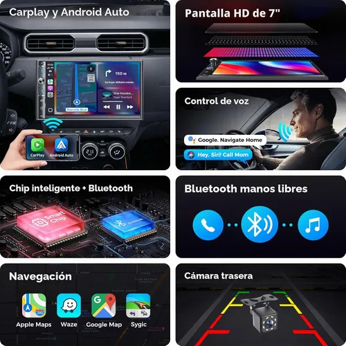 Vista 3 de Estéreo de auto de doble DIN de 7 pulgadas, Apple Carplay inalámbrico y Android Auto, pantalla táctil HD, Bluetooth, 240W, SWC, salida de subwoofer