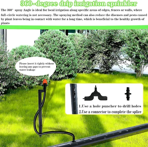 Vista 5 de Cabezales de riego de 360 grados con estacas de 12 pulgadas, emisores de pulverización de riego por goteo con manguera para sistema de riego