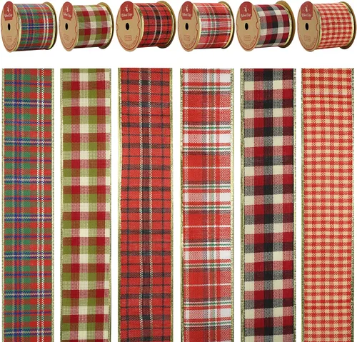 Vista 3 de MEEDEE - Cintas de Navidad a cuadros de 2.5 pulgadas, 6 rollos, 36 yardas con alambre para decoración de árbol de Navidad y guirnaldas