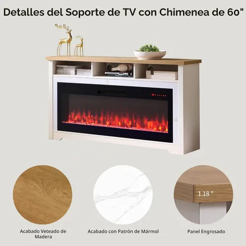 Vista 6 de Soporte de TV con chimenea de 60 pulgadas con chimenea eléctrica inteligente 50, aplicación y control de voz, centro de entretenimiento de mármol