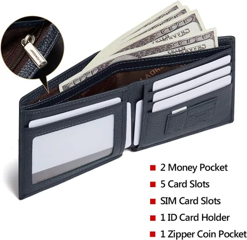 Vista 24 de LAORENTOU Billeteras de cuero genuino para hombre, billeteras plegables con cremallera, bolsillo para monedas, casual, cartera delgada