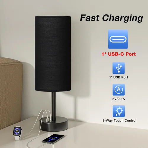 Vista 2 de Lámparas de mesita táctiles negras para niñas - Lámpara de noche pequeña con puertos de carga USB-C y USB, lámpara de mesa de control de 3 vías