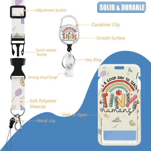 Vista 3 de Soporte para tarjetas con cordón y clip retráctil para carrete de insignias, bonito protector de identificación vertical de arco iris, llavero