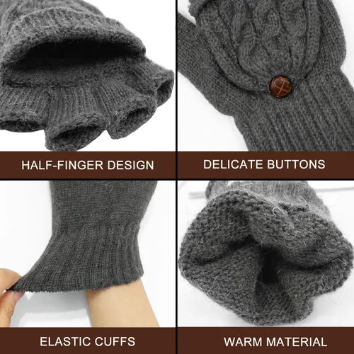 Vista 23 de Beurlike Guantes de invierno para mujer, de lana cálida, a prueba de viento, convertibles, sin dedos