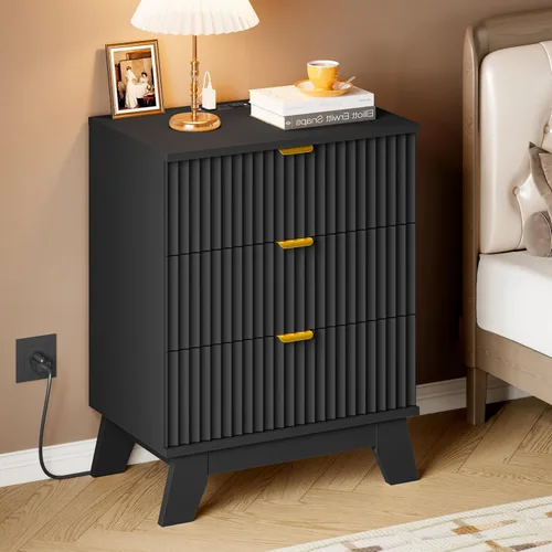 Vista 6 de BORNOON Mesita de noche de 30.5" con estación de carga, cómoda de dormitorio acanalada de 3 cajones, cómoda de madera junto a la cama con tomas