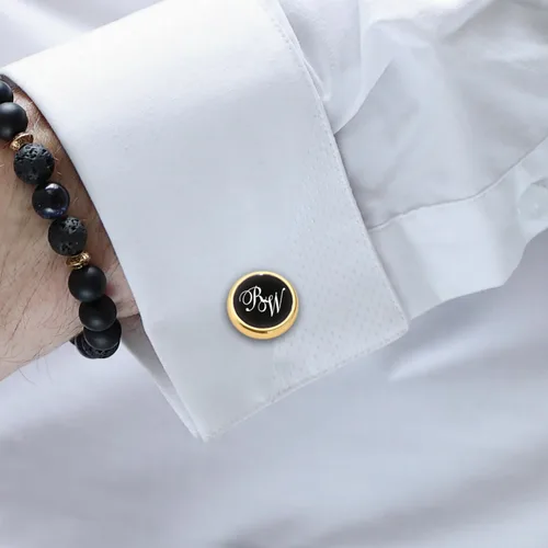 Vista 5 de Gemelos negros y dorados - Gemelos con inicial grabada - Gemelos de boda - Novio, padrino de boda, papá, padre regalo de boda personalizado