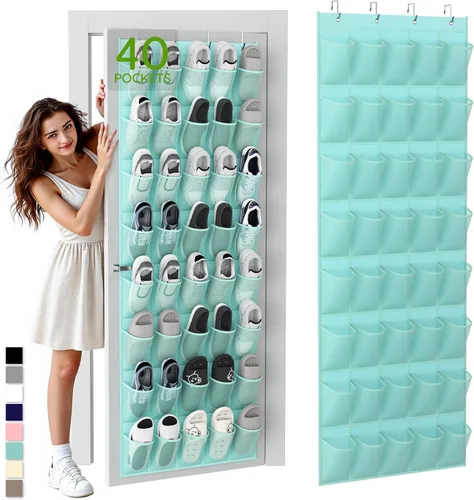 Vista 11 de Organizador de zapatos colgante sobre la puerta con 40 bolsillos grandes de malla transpirable, soporte de zapatos que ahorra espacio, estante