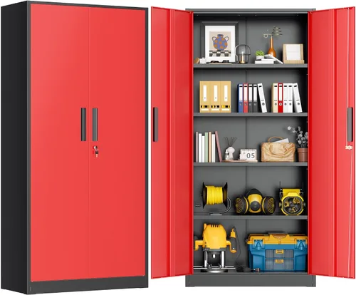 Vista 25 de Greenvelly Armario de almacenamiento de metal con puertas y estantes, armario de almacenamiento con cerradura de 36 pulgadas para oficina, gabinete