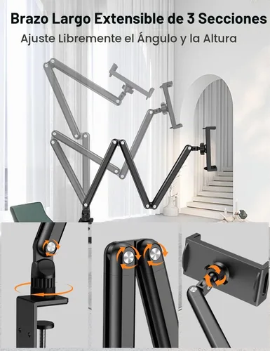 Vista 2 de Yumecamp - Soporte para tablet de triple brazo, soporte de aluminio resistente para iPad con abrazadera de escritorio, soporte giratorio de 360°