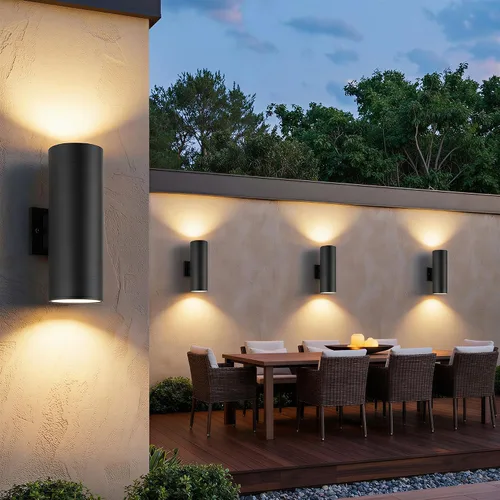 Vista 25 de mirrea Lámpara moderna para porche al aire libre en 2 luces con cilindro de aluminio y cubierta de vidrio templado, aplique de pared impermeable