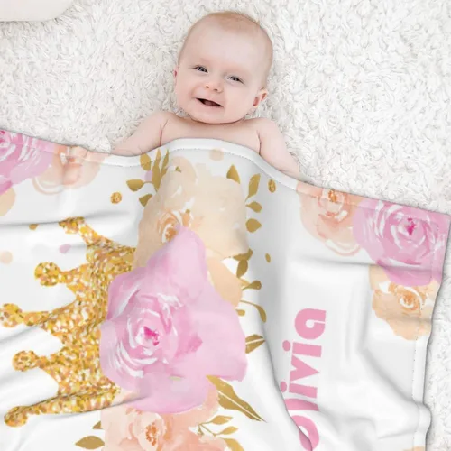 Vista 3 de Manta personalizada con nombre, manta de bebé súper suave con nombre, flor y corona, regalos para bebés y niñas, adecuada para recién nacidos