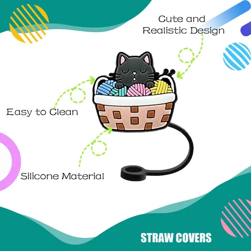 Vista 2 de 8 fundas de popote para popotes reutilizables, lindo estilo gato, tapas de popote de silicona para vasos, cubierta para popote Stanley, fundas
